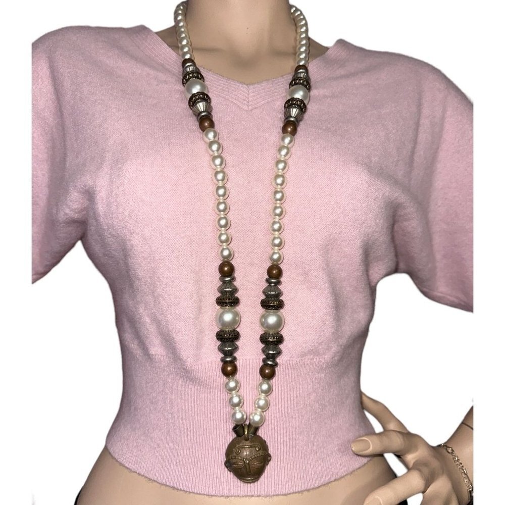 African Head Mask Pendant w/ Faux Pearl & Metal Beads Spacer Long Necklace